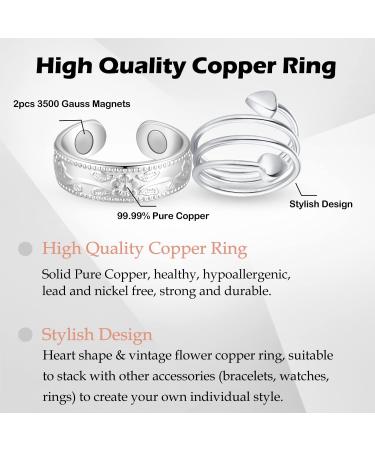 Feraco 2PCS Lymphatic Drainage Magnetic Rings for Arthritis Relief - Pure Copper Magnet Therapy Fingers Ring - Heart & Vintage Flower Design - Silver - Buy Online on GoSupps.com