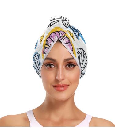 Purple Blue Yellow Seashells Hair Towel 2 Pack Super Absorbent Hair Drying Towel Quick Dry Hair Turbans Head Towel with Button Twisty Wrap for Women Girls