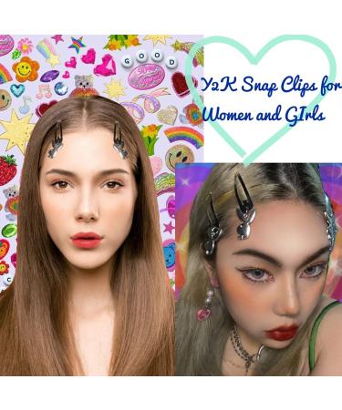 Y2K Snap Clip Set - 8 Pairs Silver Tone Metal Vintage Charms Hip Hop Jewelry Hair Accessories | 90s Style Aesthetic Gifts for Women & Girls - Buy Online on GoSupps.com