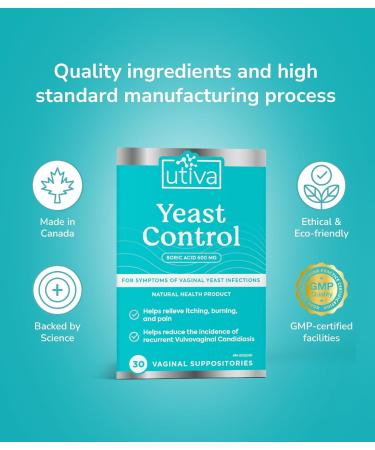 Utiva Yeast Control Boric Acid Suppositories pH Balance Feminine Care Suppositories for Women 600mg Boric Acid Suppositories to Lower pH and Support Vaginal Health 30 Vaginal Suppositories - Buy Online on GoSupps.com