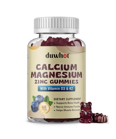 Calcium Magnesium Zinc Gummies for Women, Chewable Calcium Supplement 1000 mg Vitamin D3 & K2, Bone & Nerve Health, Muscle Function, Immune Support & Stress Relief, Blueberry Flavor, 60 Ct 1 Count (Pack of 60)