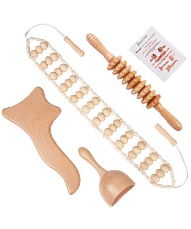 4-in-1 Maderoterapia Kit Wood Therapy Massage Tools Wooden Massager Roller Rope for Lymphatic Drainage,Muscle Release,Anti-Cellulite,Body Sculpting and Contouring SET02-4 in 1