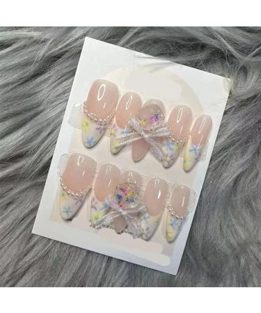 10Pc Blush Powder Almond False Nails Relief Hand drawn Bow Star Design Press on Nails Handmade Full Cover False Nail Tips(Color:8 Size:M)