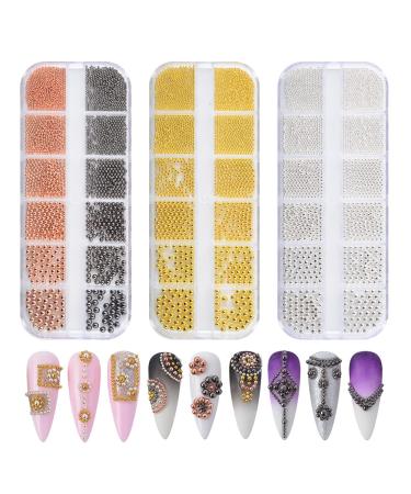 MEILINDS 3D Nail Caviar Beads, Nail Art Decoration Mini Metal Nail Beads, 4 Colors Steel Ball Gems Nail Charms for Acrylic Nails Design, Nails Supplies Accessories for Women Manicure(3 boxes) 3 Boxes Metal Ball