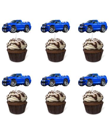 Pickup Truck Cupcake Topper Pickup Truck Theme Birthday Supplies Pickup Truck Happy Birthday Cupcake Topper for Boy Men Birthday Party Decorations (blue)
