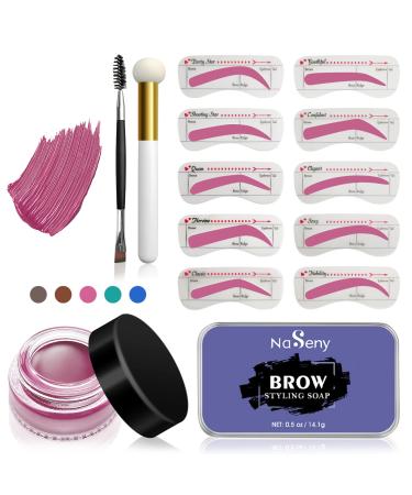 NaSeny Brow Charm Stencil Kit Waterproof Eyebrow Stencil Kit for Beginners Setting Gel with Dual Ended Brush and Sponge Applicators Perfect Brows Stencil & Stamp Kit with 10PCs Reusable Eyebrow Stencils (Pink)