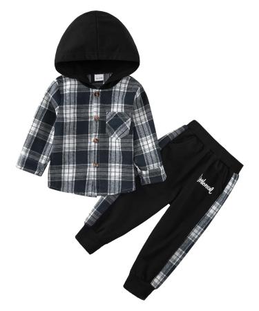 Naiyafly Toddler Boys Clothes Set Kids Long Sleeve Hoodie Plaid Sweatshirt Tops + Pants Outfit Set Children Hooded Button Down Shirts Bottom Tracksuit Boys School Playsuit 2-3 Years Dark Blue Plaid