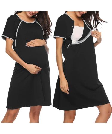 Sykooria Women's Maternity Nightdress Breastfeeding Nightwear Short Sleeve Nursing Nightgown Button Down Sleep Shirt V Neck Pajama Tops Soft Loungwear For Pregnant Women B - Black XL
