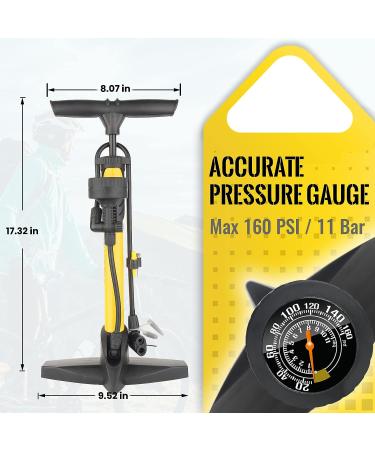 MOHEGIA Bike Floor Pump with Gauge - High Pressure 160 PSI - Schrader and Presta Valve - Yellow - Buy Online on GoSupps.com