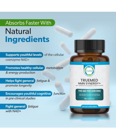 TRUEMED NMN Synergy+ 700mg Premium NMN Supplement with Resveratrol & Pterostilbene | Advanced NAD+ Supplement for Cellular Energy & Wellness Support | Non-GMO Vegan 60 Capsules - Buy Online on GoSupps.com
