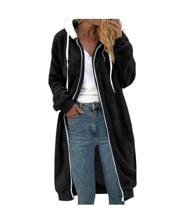 Hanxiulin fleece plush jacket fluffy warm zipper wool jacket ladies long warm transition jacket synthetic fur fleece buffer coat with hood with a hooded plush jacket l black