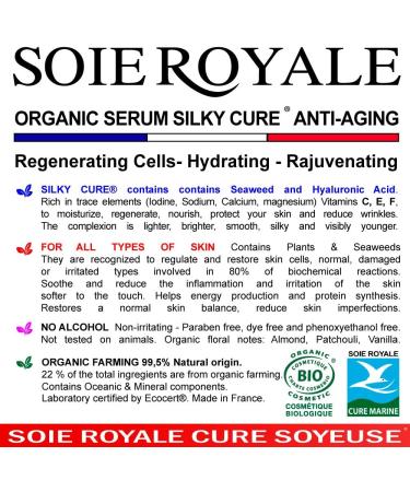 Serum Vegetal Moisturizing Cellular Regenerating Face Care Anti-wrinkle Anti-aging Organic Royal Silk Silky Treatment Hyaluronic Acid ECF Vitamins Marine Algae 50 ml Alcohol-free Made in France. - Buy Online on GoSupps.com