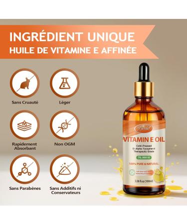 Huile de Vitamine E - 100% Pure et Naturelle Vitamine E Huile 70 000 UI pour la Peau le Visage les Cheveux les Ongles et les Cicatrices Hydratation Profonde et Raffermissement de la Peau - Buy Online on GoSupps.com