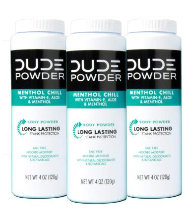 DUDE Body Powder, Menthol Chill 4 Ounce (3 Bottle Pack) Natural Deodorizers Cooling Menthol & Aloe, Talc Free Formula, Corn-Starch Based Daily Post-Shower Deodorizing Powder for Men 4 Ounce (Pack of 3)