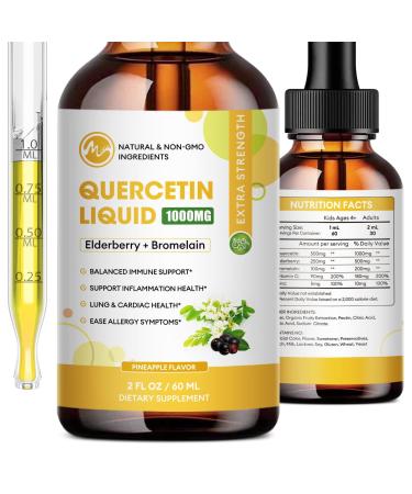 Quercetin Supplements - Quercetin Liquid Drops 5 in 1 Quercetin Organic with Bromelain Elderberry Vitamin for Immunity Health Respiratory Health Skin Care 60ml