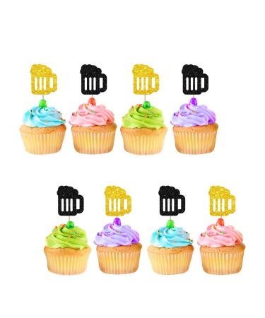 24pcs Beers Cupcake Toppers Cheers and Beers Cupcake Toppers Gold&Black Glitter Beer Mug Cake Decoration for Men Women Beer Themed Birthday Party Supplies