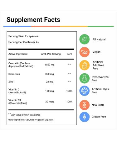LivingRock Quercetin 1150mg with Bromelain Zinc Vitamin C D3 & K2 Plant-Based Quercetin with Bromelain Supplement for Adults Organic Vitamin D Formula Vegan Non-GMO 90 Capsules - Buy Online on GoSupps.com