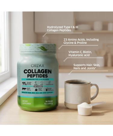 ORZAX Collagen Peptides Powder - 11 g Collagen Type I & III Biotin & Hyaluronic Acid 16 oz (Unflavored) 1 Pound (Pack of 1) - Buy Online on GoSupps.com