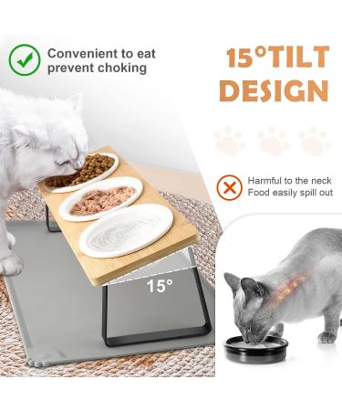 Otoomenz Cat Bowl Ceramic Cat Food Bowls With 15 Tilted Wood Stand Raised Cat Bowls for Food and Water Bamboo Cat Feeding Station with Cat Food Mat for Cats and Puppy (3 Bowls with Stand) - Buy Online on GoSupps.com