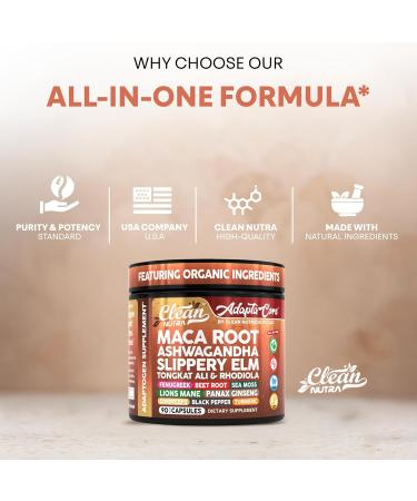 Clean Nutra Organic Maca Root Capsules for Women + Ashwagandha Slippery Elm Tongkat Ali Rhodiola Rosea Fenugreek Beet Root Sea Moss Ginseng Black Yellow Red Maca Powder Supplement 90 Pills - Buy Online on GoSupps.com