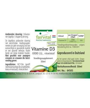 Fairvital | Liquid Vitamin D3 - 1000 IU per drop vegetarian from lanolin - 50 ml vitamin D3 oil - Buy Online on GoSupps.com