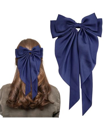 Bow Hair Clip Hair Bows for Women Big Bowknot Hairpin French Hair Clips with Long Ribbon Solid Color Hair Barrette Clips Soft Satin Silky Hair Bows for Women Girls(navy blue)