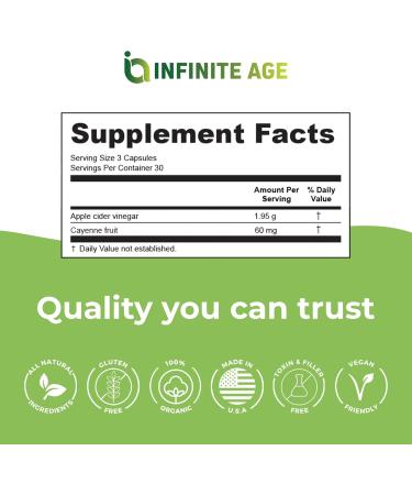 INFINITE AGE 1950mg Apple Cider Vinegar Capsules - 90 Count USA Made Vegan Gluten Free All-Natural with Cayenne | Ultra Concentrated Formula - Buy Online on GoSupps.com