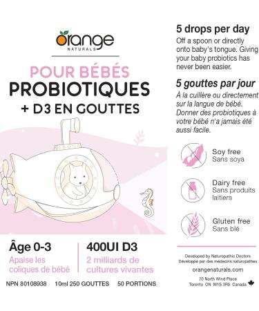 Orange Naturals - Baby Probiotics + D3 Drops - Upset Stomach Relief Bone and Baby Teeth Health 400IU D3 10 ml (Pack of 1) - Buy Online on GoSupps.com