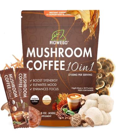 Mushroom Coffee Powder 10-in-1 Mushroom Superfood Adaptogen Mix-Organic Lion's Mane Chaga Turkey Tail Reishi Instant Coffee For Gut Health Immunity Energy Focus-30 Serving