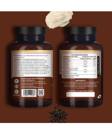 Lions Mane Mushroom Supplement 4000mg with Vitamin B1 B6 B12 & Black Pepper - 180 Super Strength Vegan Tablets with 50% Polysaccharides (Not Powder or Capsules) | Made in The UK by Prowise - Buy Online on GoSupps.com