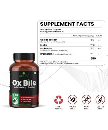 Ox Bile 550mg Digestive Aid - Enhanced Nutrient Absorption Liver Function Support Gut Health with Inulin Probiotics Broelain for Digestive Wellness Capsule - Buy Online on GoSupps.com
