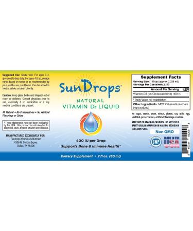 Sundrops Vitamin D Drops for Infants - Gluten-free, Non-GMO, All Natural - D3 400 IU, 100% DV - Safe Concentration for Babies - 60mL - Over 2,000 Doses - 2 Fl Oz - Buy Online on GoSupps.com