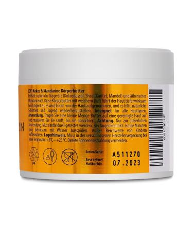Kokos & Mandarine Body Butter 250g - Natural Moisturizer with Coconut & Mandarin Oil for Dry Skin - Nourishing Skin & Hand Care - Buy Online on GoSupps.com
