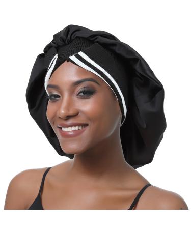 brcok Large Satin Bonnet Hair Braid Bonnet Sleep Cap for Women Silk Bonnet for Curly Hair Sleeping Wide Band Black