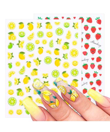 3Pcs Juice Lemon Nail Stickers 3D Adhesive Sliders Fruits Strawberry Pineapple Avocado Nail Art Decals Summer Designs Decoartions Strawberry Stickers Nail Art Yellow Stickers Nail Decals Colorful Fruit Manicure(A)