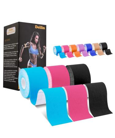 Deilin Kinesiology Tape 19.7ft Uncut Per Roll Elastic Therapeutic Sports Tapes for Knee Shoulder and Elbow Waterproof Athletic Physio Muscles Strips Breathable Latex Free Blue+black+pink