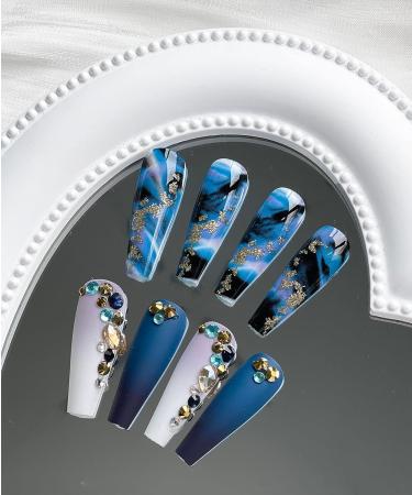 Gradient Blue Coffin Press on Nails with Gold Foil Designs - 24 Pcs Long Coffin Style - Buy Online on GoSupps.com