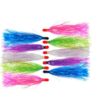 Fishing Jig Head Mylar Flash Teaser Tail Saltwater Fishing Lure Teasers 0.34oz Sliding Weight Head Skirt Teaser Green Blue Purple Pink White 5 Colors Mixed 10pcs