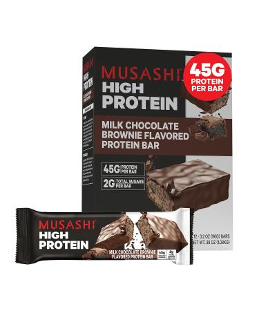 MUSASHI High Protein Bar 45g Protein 2g Total Sugars Milk Chocolate Brownie Post Workout and Protein Snack On The Go 12 Pack of 3.2oz (90g) Bars