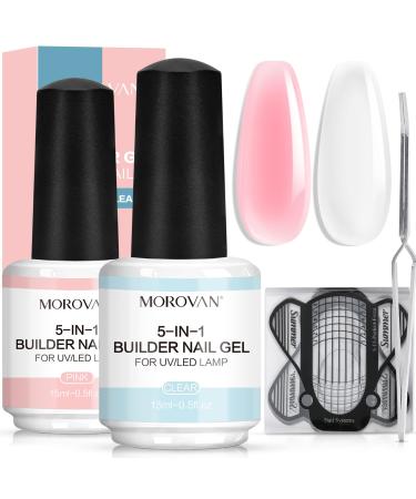 Morovan 5 in 1 Builder Nail Gel Kit - Good for Beginners Clear & Pink Builder Nail Gel for Nails UV Gel Hard Gel for Nails Extension Kit, 2 Colors Nail Gel in A Bottle Nail Strengthen