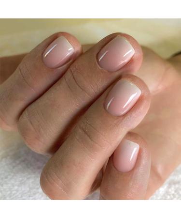 Extra Short Press on Nails Square Nude Ombre Fake Nails Press ons White Glue Stick on Nails with Designs Full Cover Acrylic Glossy Artificial Cute False Nail for Women Girls 24 Pcs