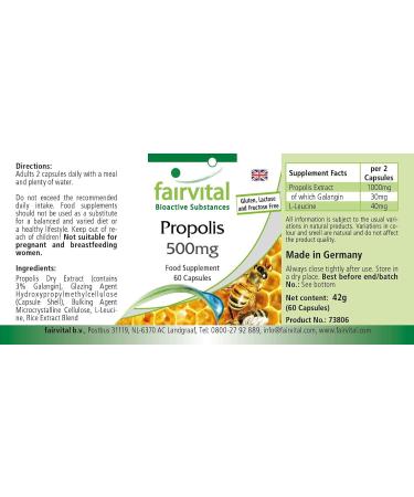Fairvital | Propolis Extract 500mg - 3 x 60 Capsules - Standardized to 3% Galangin - Natural Propolis - Buy Online on GoSupps.com