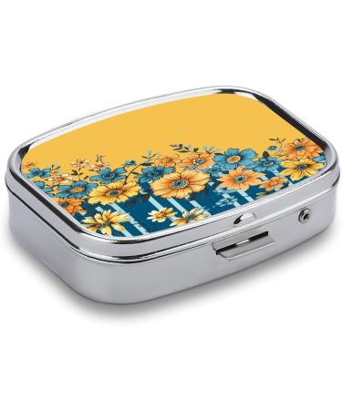 Shop Yellow & Blue Floral Print Pill Box - 2 Compartment Decorative Metal Pill Organizer for Travel | International Shipping Available - Buy Online on GoSupps.com
