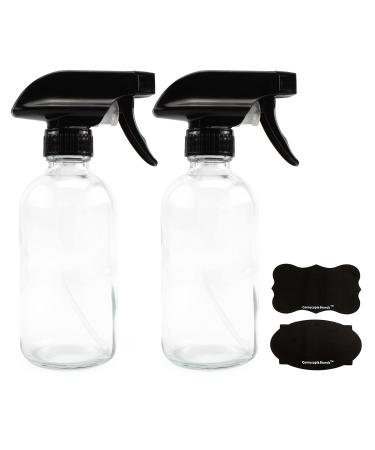 8-Ounce Clear Glass Spray Bottles (2-Pack) Boston Round Bottles w/ 3-Setting Adjustable Black Heavy Duty Sprayers & Chalk Labels
