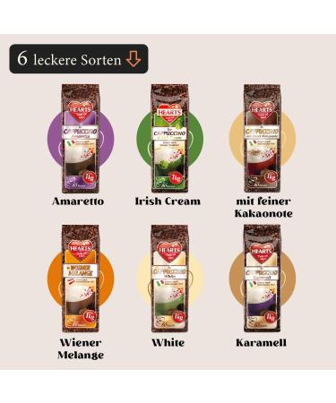 Hearts Cappuccino Mix 6 x 1kg Sample Pack (Viennese Mix Irish Cream Amaretto Caramel White and with a Fine Cocoa Note) - Family Pack - Buy Online on GoSupps.com