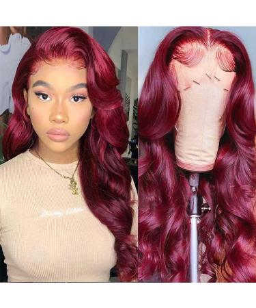 RDFIZZ 22 Inch 99J Burgundy Body Wave Lace Front Wig - Pre Plucked 150% Density Human Hair Wig for Black Women - Dark Burgundy Color - HD Transparent Lace - Buy Online on GoSupps.com