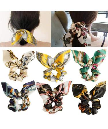 Vasana hair tie with bow boho style chiffon flower pattern hair tie with grinding hair accessories ropes (random colors) 6 pieces