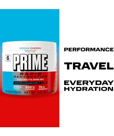 Prime Rapid Rehydration Electrolyte Powder Ocean Cherry Sugar Free Hydration Drink Mix with Sodium Potassium Magnesium & B Vitamins to Replenish Fluids Caffeine Free 6 Gallon Tub 48 SRV - Buy Online on GoSupps.com