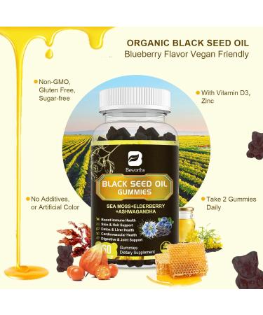 Black Seed Oil & Sea Moss Gummies | Black Cumin Seed Gummy with Ashwagandha Irish Sea Moss Elderberry Turmeric Vitamin D3 C Zinc - Support Immunity Joints Digestion Hair Growth 60 Count (Pack of 1) - Buy Online on GoSupps.com