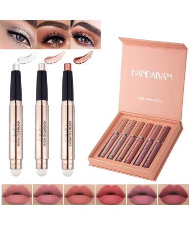 3Pcs Eyeshadow Stick Neutral Shimmer Cream Eyeshadow Crayon Eye Brightener Stick Highlighter Double Ended Design Eyeshadow Pencil Makeup Eyeshadow 6Pcs Matte Liquid Lipstick Set Long-Lasting Wear Non-Stick Cup Waterproof...
